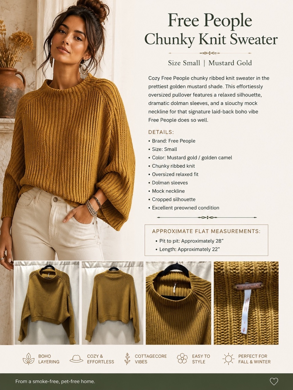 Free People Chunky Knit Sweater | Mustard Gold | Size Small